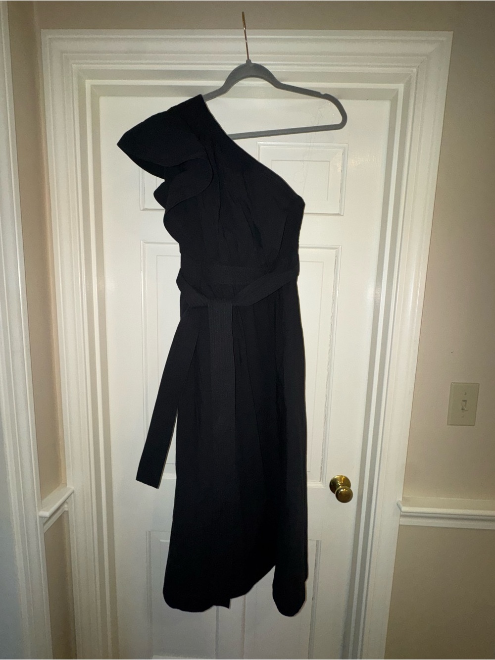 Madewell One-Shoulder Black Midi Dress with Waist Tie Accent